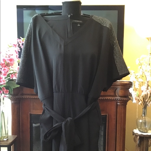 🌻NWT LANE BRYANT Sz28 SILVER STUDDED SHOULDERS BLACK CREPE BELTED JUMPSUIT - Picture 8 of 15